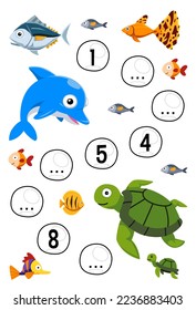 Education game for complete the sequence of number with cute cartoon dolphin and turtle picture printable underwater worksheet