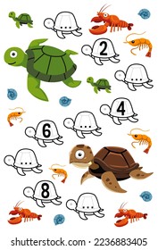 Erziehungsspiel zur Vervollständigung der Zahlenfolge mit süßen Cartoon-Schildkrötengarnelen und Hummer-Bild-bedruckbares Unterwasser-Arbeitsblatt