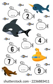 Education game for complete the sequence of number with cute cartoon orca walrus narwhal and submarine picture printable underwater worksheet