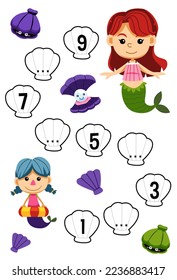 Education game for complete the sequence of number with cute cartoon mermaid and shell picture printable underwater worksheet