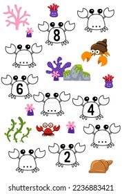 Education game for complete the sequence of number with cute cartoon crab and coral picture printable underwater worksheet