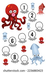 Education game for complete the sequence of number with cute cartoon octopus and squid picture printable underwater worksheet