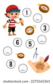 Education game for complete the sequence of number with cute cartoon boy around the compass and treasure chest picture printable pirate worksheet