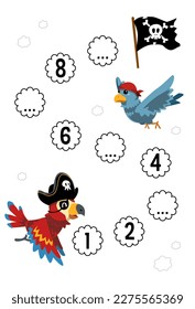 Education game for complete the sequence of number with cute cartoon parrot dove and flag picture printable pirate worksheet