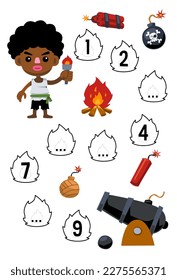 Juego de educación para completar la secuencia de números con un lindo niño de dibujos animados alrededor de la hoguera y la hoja de cálculo pirata imprimible de imágenes de cañones