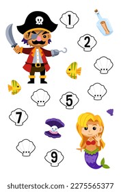 Education game for complete the sequence of number with cute cartoon captain and mermaid picture printable pirate worksheet