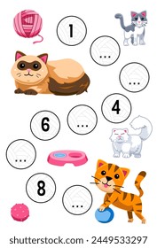 Education game for complete the sequence of number with cute cat printable pet worksheet