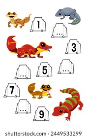 Education game for complete the sequence of number with cute gecko printable pet worksheet