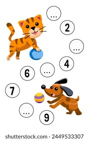 Education game for complete the sequence of number with cute cat and dog playing ball pet worksheet