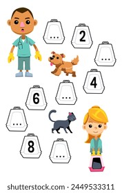 Education game for complete the sequence of number with vet boy and girl printable pet worksheet