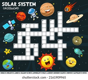 Education game crossword puzzle for learning english words with cute cartoon solar system picture printable worksheet