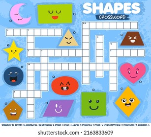 Education game crossword puzzle for learning english words with cute cartoon geometric shapes picture printable worksheet