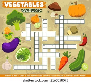 Education game crossword puzzle for learning english words with cartoon vegetables picture printable worksheet