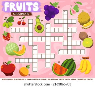 Education game crossword puzzle for learning english words with cartoon fruits picture printable worksheet