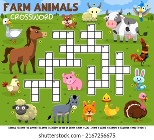 Education game crossword puzzle for learning english words with cute cartoon farm animals picture printable worksheet