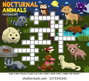 Education game crossword puzzle for learning english words with cute cartoon nocturnal animals picture printable worksheet