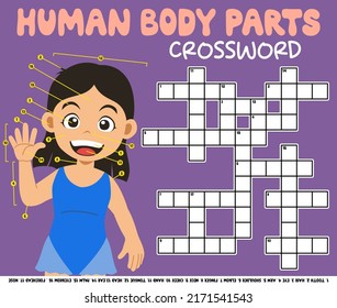 Education game crossword puzzle for learning english words with cute cartoon girl human body parts picture printable worksheet