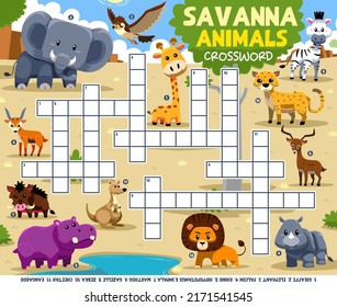 Education game crossword puzzle for learning english words with cute cartoon savanna animals picture printable worksheet