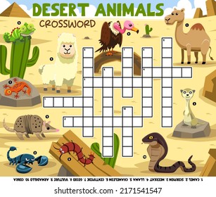 Education game crossword puzzle for learning english words with cute cartoon desert animals picture printable worksheet