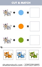 Education game cut and match combination color of cute cartoon tiger printable animal worksheet