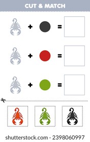 Cortar juego de educación y coincidir color de combinación de tierno escorpión de dibujos animados hoja de cálculo imprimible