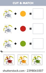 Education game cut and match combination color of cute cartoon mantis printable bug worksheet