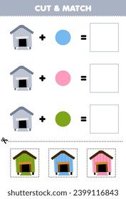 Education game cut and match combination color of cute chicken coop picture printable farm worksheet