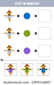 Cortar juego educativo y coincidir color de combinación de la hoja de cálculo de la granja de imágenes del espantapájaros lindo imprimible