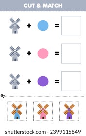 Education game cut and match combination color of cute windmill picture printable farm worksheet