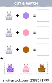 Juego de educación cortado y combinación de color de la linda tarta de dibujos animados hoja de cálculo de comida imprimible