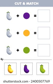 Education game cut and match combination color of cute eggplant printable vegetable worksheet