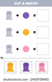Recorte de juego educativo y color de combinación de la hoja de cálculo de Halloween imprimible de la lápida linda