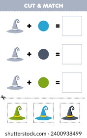 Education game cut and match combination color of cute witch hat printable halloween worksheet