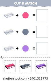 Education game cut and match combination color of cute keyboard printable music instrument worksheet
