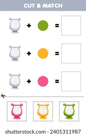 Education game cut and match combination color of cute lyre printable music instrument worksheet