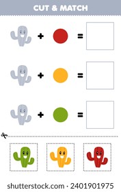 Education game cut and match combination color of cute cartoon cactus printable nature worksheet