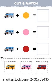 Education game cut and match combination color of cute school bus printable transportation worksheet