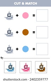 Education game cut and match combination color of cute cartoon ship printable pirate worksheet