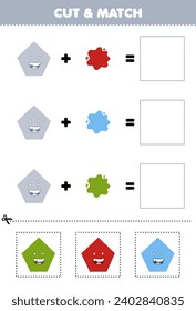Education game cut and match combination color of cute cartoon pentagon printable shape worksheet