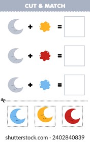 Education game cut and match combination color of cute cartoon crescent printable shape worksheet