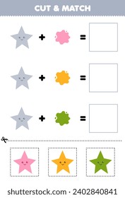 Education game cut and match combination color of cute cartoon star printable shape worksheet