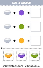 Education game cut and match combination color of cute cartoon bowl printable tool worksheet