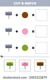 Education game cut and match combination color of cute cartoon hammer printable tool worksheet