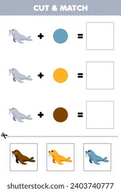 Education game cut and match combination color of cute walrus printable underwater worksheet