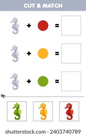 Education game cut and match combination color of cute seahorse printable underwater worksheet