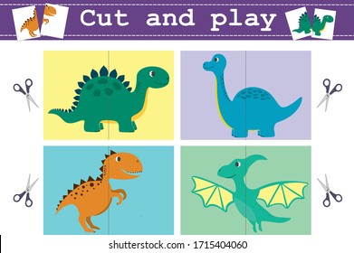 Education Game "Cut and play" with funny dinosaurus. Vector illustration for children's magazines and preschool institutions Educational game for preschool kids. Vector illustration.