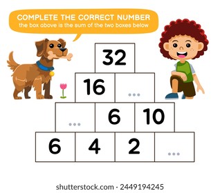 Education game for kid help cute dog and boy complete the correct number printable pet worksheet