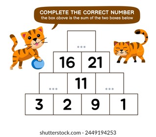 Bildung Spiel für Kinder Hilfe Süße Orange Katze füllen Sie die richtige Zahl druckbare Haustier Arbeitsblatt