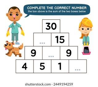 Juego de Educación para niño ayuda a chico y chica veterinario lindo completar el número correcto imprimible hoja de trabajo para mascotas