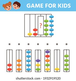 Education game for kids. Abacus in cartoon style. Find the missing item. Printable Worksheet vector illustration. Children funny riddle entertainment